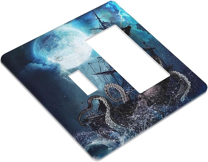 Moon Ocean Nautical Octopus 2 Gang Single Toggle/Rocker Combination Light Switch Cover Decorative Wall Plate Cover Electrical Faceplate Art Oil Painting Decor