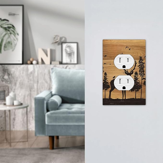 Elk Moose Forest Hunting Pyrography Art Wood Texture Print Outlet Covers 1 Gang Duplex Light Switch Cover Decorative Switch Plates Electrical Receptacle Faceplate Wall Plate for Farmhouse Bedroom Home
