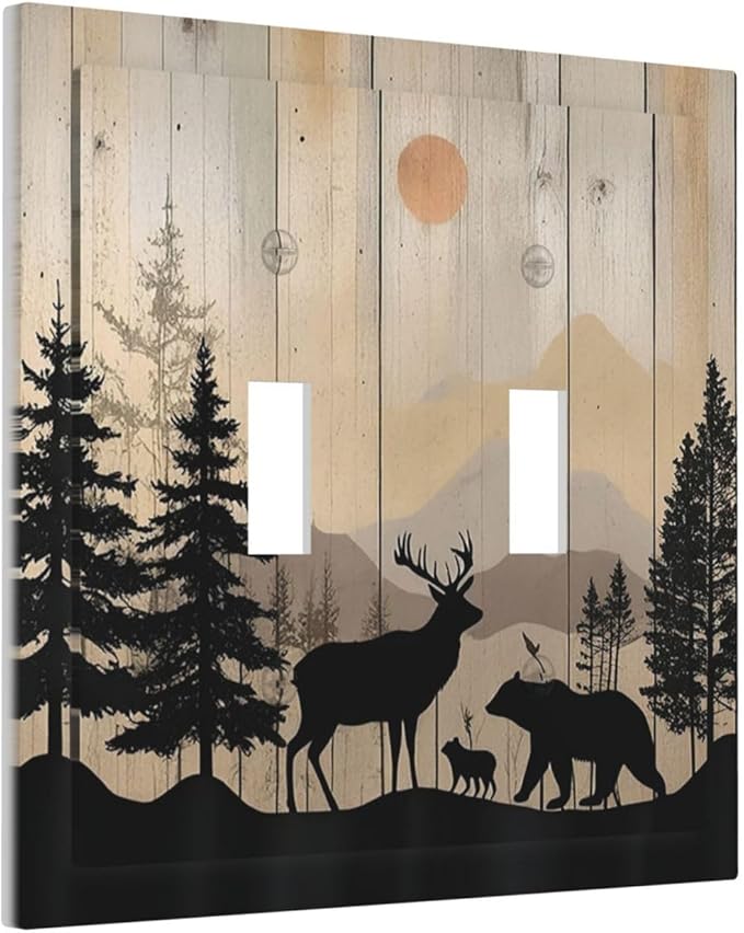 Decorative Switch Plates Wood Board Wildlife Cute Bear Deer Forest Rustic 2 Gang Double Toggle Outlet Light Switch Cover Wall Plate Electrical Faceplate for Bathroom Farmhouse Decor