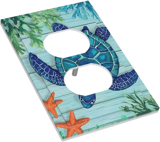 Coastal Sea Turtle Duplex Wall Plate - 1-Gang Standard US Size Mosaic Starfish Outlet Covers, Nautical Ocean Theme for Coastal Homes