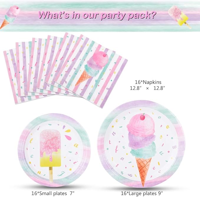 WERNNSAI Ice Cream Plates and Napkins - Ice Cream and Popsicle Theme Party Supplies for Girls Birthday Disposable Tableware Dessert Plates Luncheon Napkins Serves 16 Guests 48PCS