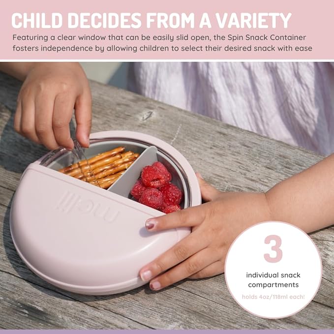 melii Spin Snack Container | 3-Compartment Rotating Snack Box with Sliding Window, BPA-Free, Dishwasher Safe, Portable Snack Container for Kids Ages 3+ (Pink)
