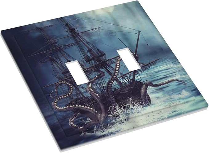 Octopus Ocean Kraken Nautical Pirate Ship Double Toggle Light Switch Covers Decorative Unique 2 Gang Wall Plate Dual Electrical Faceplate Switchplate for Kitchen Bathroom Living Room Decor
