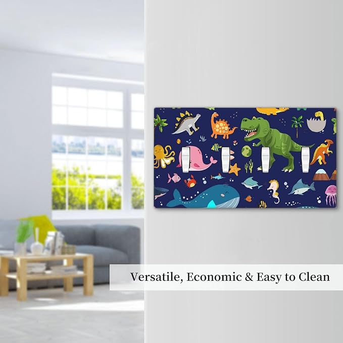 Kids Boys Cartoon Blue/Green Dinasour Ocean Animals Theme Decorative 4 Gang Quad Toggle Light Switch Cover Electric Large Size Marine Starfish Quadruple Faceplate Decorative Switch Face Wallplate