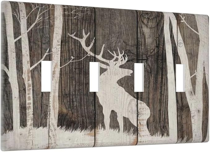 Vintage Wood Forest Deer Wildlife Animal Silhouette Light Switch Covers Quad Toggle Electrical Faceplate 4 Gang Wall Plate Decorative Switch Plates Cover for Farmhouse Home Decor