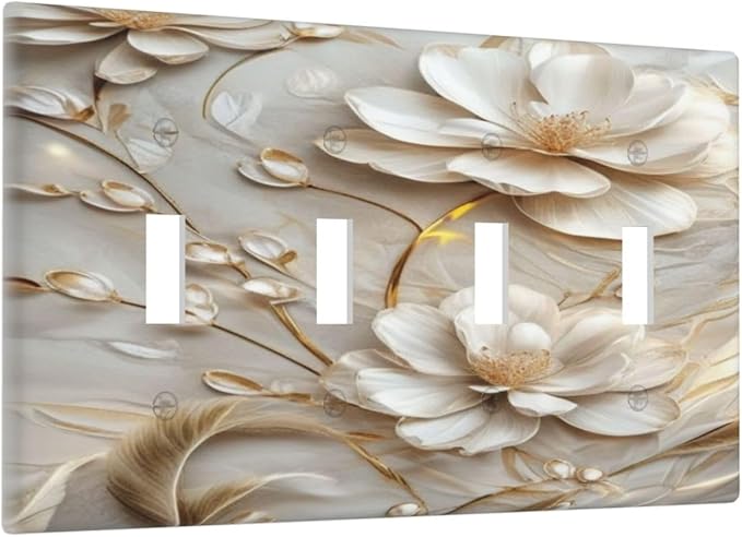Decorative Art Light Switch Covers Elegant White and Gold Florals Quad Toggle 4 Gang Wall Plate Switch plate Electrical Faceplate for Home Decor