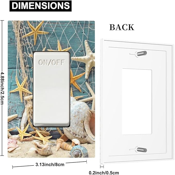 Rustic Coastal Seashell Single Rocker Switch Cover - 1-Gang Standard US Size Fisherman's Catch Beach Scene Light Switch Covers for Bathroom Decor