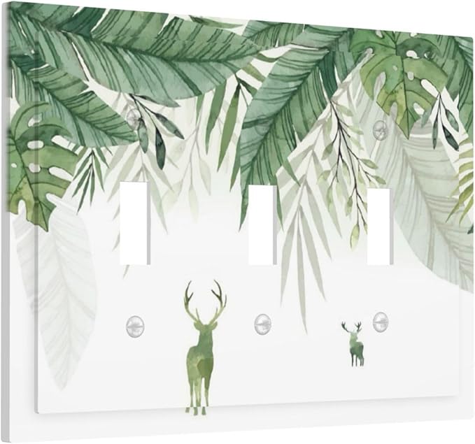 Deer Banana Leaves Palm Trees Green Plants Decorative Switch Plates 3 Gang Wall Plate Triple Toggle Light Switch Cover Faceplate Electrical Wall Panels for Bed Room Living Room Decor
