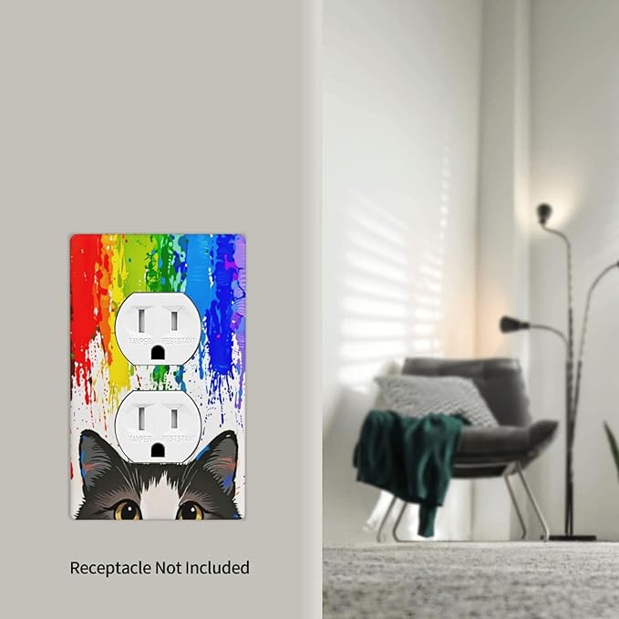 Cat Rainbow Single Duplex Receptacle Outlet Cover Wall Plate Decorative 1 Gang Light Switch Covers Electrical Switchplate Home Decorate Faceplat for Bathroom Bedroom Kitchen Room 4.5 x 2.76 Inch