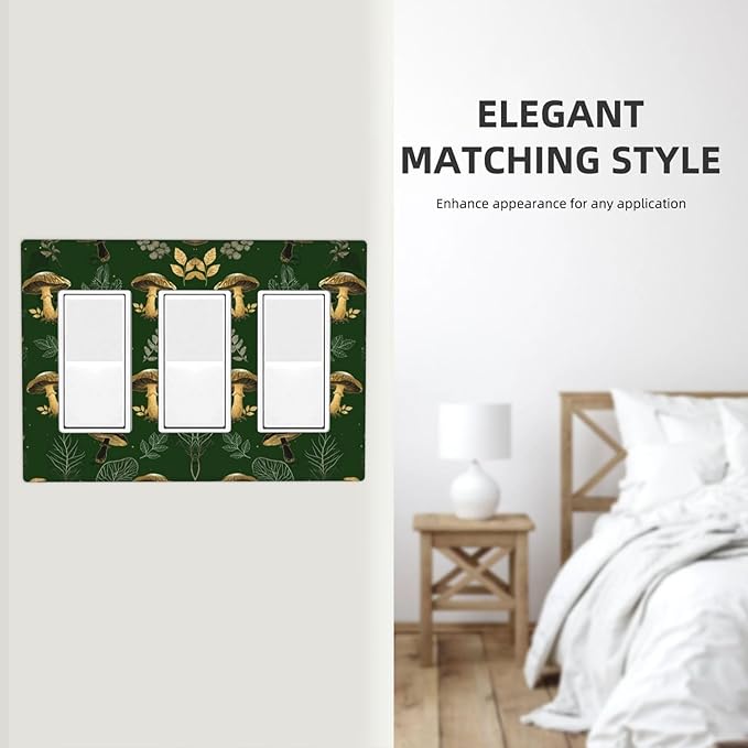 Decorative Outlet Covers Cute Gold Mushtroom Green Plant Leaf 3 Gang Light Switch Cover Plate Triple Rocker Wall Plates for Electrical Outlets Switch Plate Covers for Bedroom Home Decor