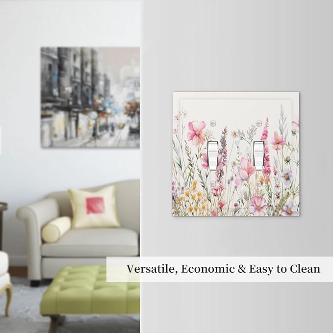 Pink Floral Wild Flowers Watercolor Plants Decorative Switch Plates 2 Gang Double Toggle Outlet Light Switch Cover Wall Plate Electrical Faceplate for Bedroom Living Room Decor