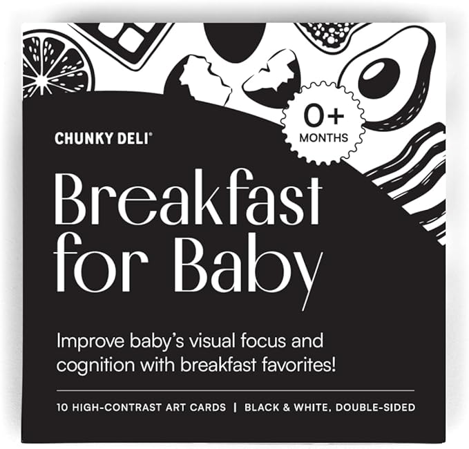 Chunky Deli Breakfast for Baby High-Contrast Art Cards Black and White Newborn Vision Tracking Flash Cards for Tummy Time Food Themed Infant Toys 0-6+ Months