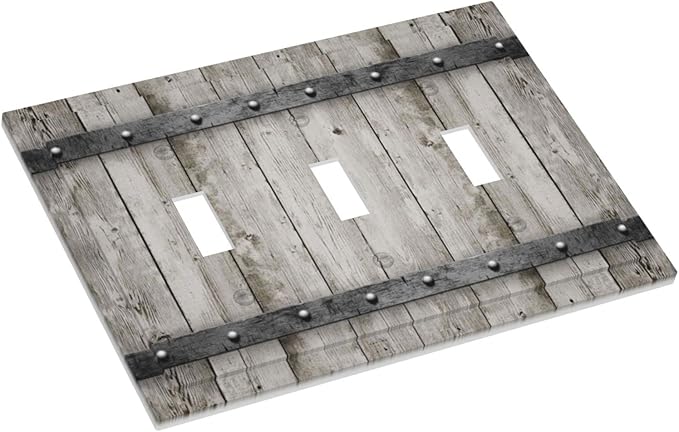Farmhouse Grey Wood Triple Toggle Light Switch Cover Decorative Rustic Country Gray Wall Plates 3 Gang Electrical Faceplate for Bathroom Kitchen Bedroom Vintage Rustic Barn Door Decor