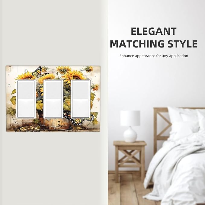 Light Switch Covers Rustic Vintage Sunflower Bouquet Butterfly 3 Gang Rocker Electrical GFCI Decorative Triple Outlet Wall Plate Cover Switchplate for Farmhouse Cabin Decor