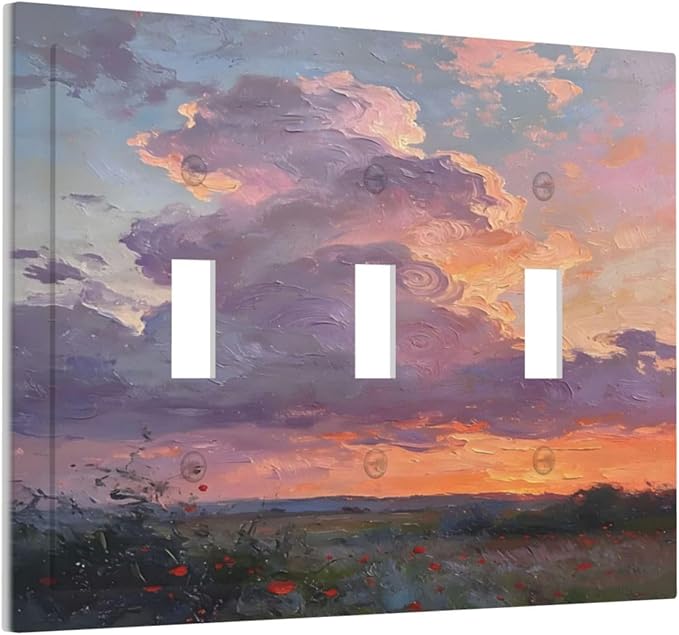 Abstract Sunset Dusk Natural Scenery Wild Flowers Decorative Switch Plates 3 Gang Wall Plate Triple Toggle Light Switch Cover Faceplate Electrical Wall Panels for Farmhouse Bedroom Decor