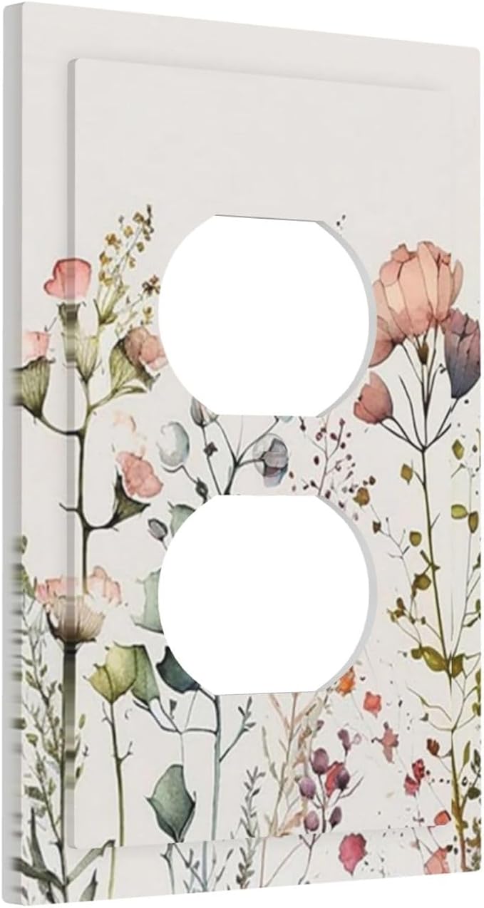 Tan/Beige/Blue Boho Wild Flower Blossom 1 Gang Duplex Outlet Covers Watercolor Colorful Floral Wildflower Decorative Single Device One Gang Electric Receptacle Face Switch Wall Plate Bedroom Decorate