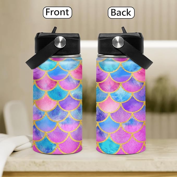 Mermaid Water Bottle for Girls Kids Kid Insulated Water Bottles 12oz Stainless Steel Travel School Tumbler Double Wall Vacuum Cup with Straw