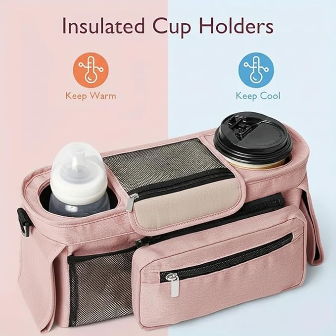 Stroller Organizer with Insulated Cup Holders - Universal Pink Baby Stroller Bag Caddy with Detachable Phone Pocket, Diaper Storage, Adjustable Straps for Uppababy, Doona, Baby Jogger, Britax