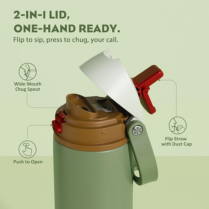 POWCAN 18 oz Insulated Water Bottle for Men: 2-in-1 Push-Button Spout & Quick-Flip Straw, Leakproof, Cold 24Hrs, Fits Car Cup Holder, Stainless Sports Bottle for Travel, Camping, Gift (Hunter Crest)
