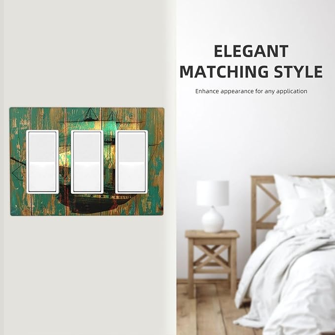 Light Switch Covers Rustic Green Wood Grain Sailboat 3 Gang Rocker Electrical GFCI Decorative Triple Outlet Wall Plate Cover Switchplate for Farmhouse Bedroom Decor