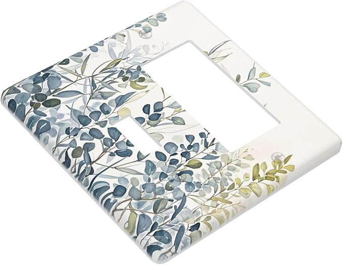 Decorative Toggle Switch Cover Plate with Green & Blue Watercolor Eucalyptus Botanical Foliage Design 2-Gang 1-Gang Standard Wall Plate Light Switch Cover for Contemporary Living Room Decor