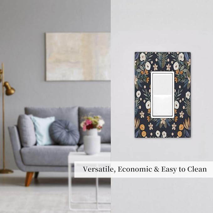 Boho Leaf Floral Navy Blue Background 1 Gang Rocker Light Switch Covers Single Decora Outlet Wall Plate Decorative Switchplate Faceplate GFCI for Farmhouse Country Bedroom Bedroom Decor