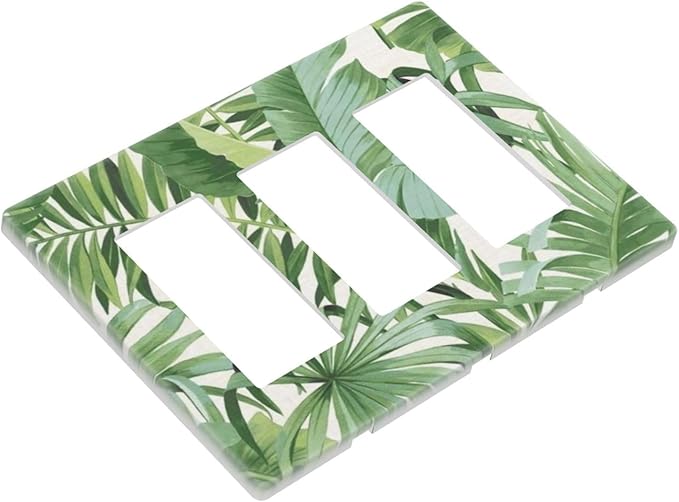 Green Monstera Leaf Tropical Palm Trees Leaf 3 Gang Screwless Triple GFCI Decorator/Rocker Light Switch Wall Plate Wild Jungle Botanical Plant Decorative Dual Device Receptacle Faceplate Outlet Cover
