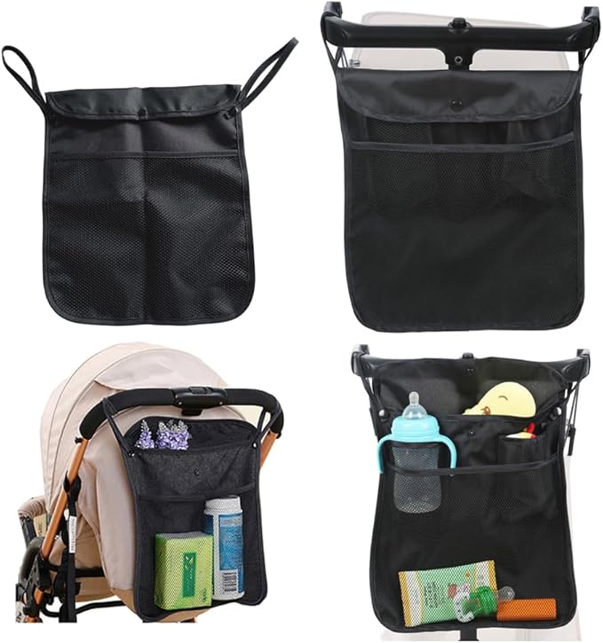 2pcs Baby Stroller Organizer with Two Compartments Front Mesh Pocket for Bottle Nappy Diaper Storage, Detachable Straps, Fits for Stroller like Uppababy, Baby Jogger, Britax, Bugaboo, BOB, Black
