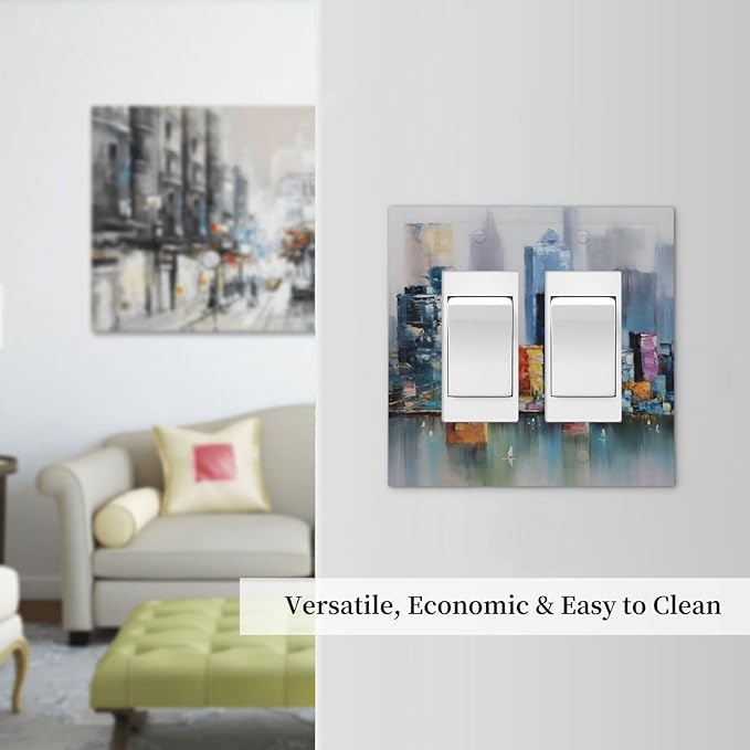 Colorful Nyc Skyline Textured Modern Abstract Decorative Outlet Covers 2 Gang Double GFCI Rocker Electrical Wall Panels Light Switch Cover Plate for Bedroom Living Room Decor