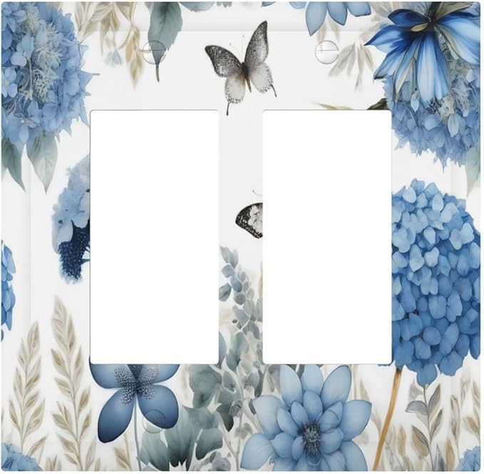 Blue Floral Hydrangea Floral Butterfly Flower Plant Decorative Outlet Covers 2 Gang Double GFCI Rocker Electrical Wall Panels Light Switch Cover Plate for Bedroom Living Room Decor
