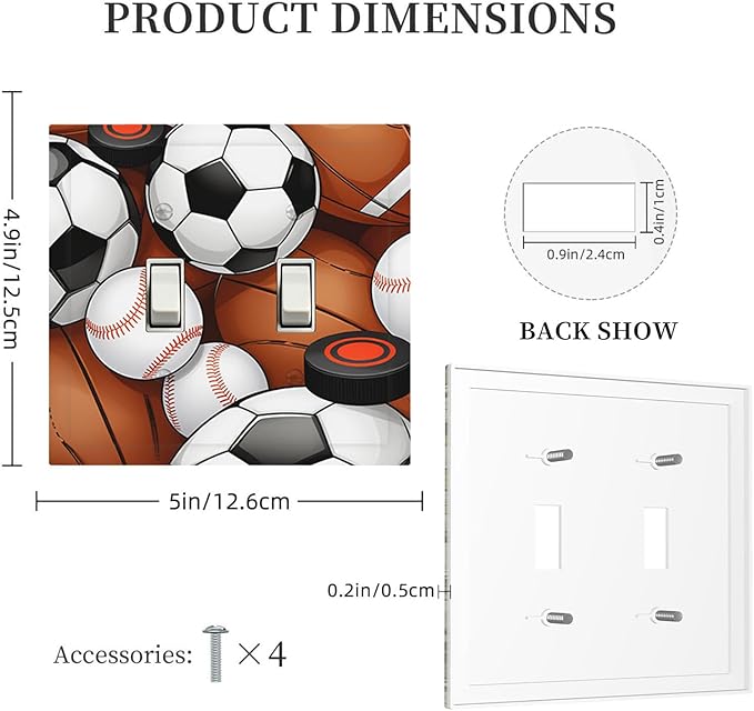 All-Star Sports Balls Collage Double Toggle Switch Cover - 2-Gang Standard US Size Football Baseball Soccer Game Day Themed Light Switch Covers for Boy's Bedroom Decor