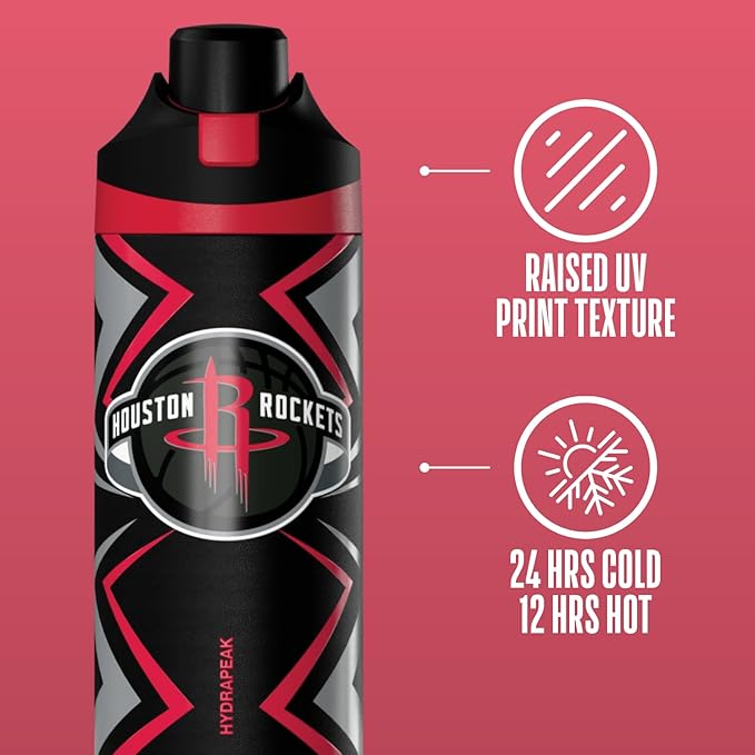 Hydrapeak x NBA Officially Licensed Houston Rockets Oasis 20 oz Insulated Kids Water Bottle, Stainless Steel Water Bottle Kids with Chug Lid, Push Button