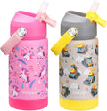rockpapa 2 Pack Kids Insulated Water Bottle with Straw, BPA-Free, Stainless Steel, Leak Proof 14OZ Metal Cup Water Bottle for School Boys Girls (Unicorn+Constr Trucks)