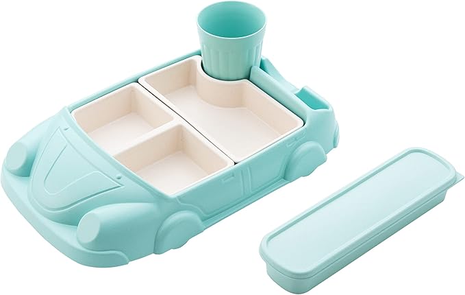 Kids garden Car Plate 8Pcs/Set Bamboo Children Dinnerware Sets - Dishwasher/Microwave Safe Includes Cutlery, Beautiful Plate, Separable Bowls & Cup Happy MealTime, Light Green, YK-001