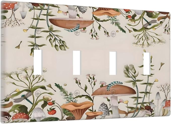 Boho Mushroom Forest Plants Wildflowers Insects Light Switch Covers Quad Toggle Electrical Faceplate 4 Gang Wall Plate Decorative Switch Plates for Kids Room Home Decor