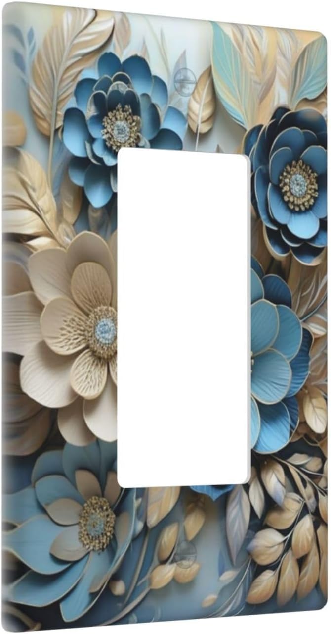 Decorative Art Light Switch Covers Blue and Creamy Floral 1 Gang Rocker Outlet Wall Plate Switchplate Electrical Faceplate for Home Decor
