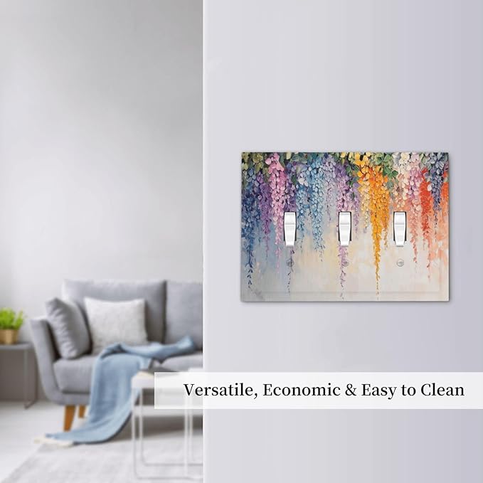 Colorful Wildflower Wisteria Cascade Floral Flower Decorative Switch Plates 3 Gang Wall Plate Triple Toggle Light Switch Cover Faceplate Electrical Wall Panels for Bedroom Living Room Decor