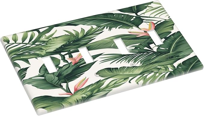 Tropical Leaf Jungle Botanical Palm Tree Greenery Floral Light Switch Covers Quad Toggle Electrical Faceplate 4 Gang Wall Plate Decorative Switch Plates for Bedroom Living Room Decor