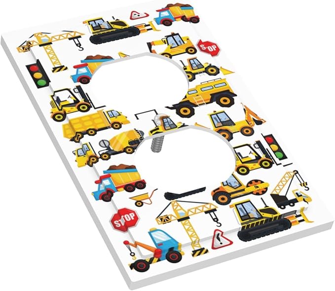Cool Kids Boys Play Room Construction Trucks Cartoon Cars Vehicles Transport 1 Gang Duplex Wall Plate Electrical Receptacle Outlet Cover Decorative Dual Device Mid Size Light Switch Plug Face Plate