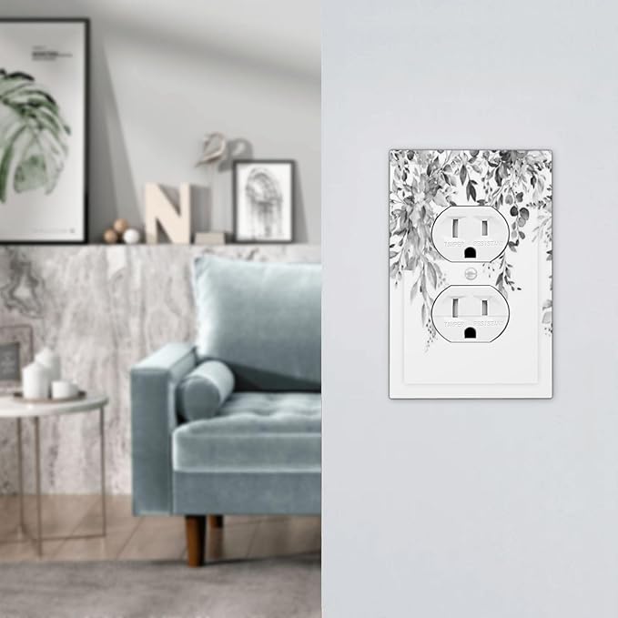 Outlet Covers Grey Floral Plant Eucalyptus Leaf Flower 1 Gang Duplex Light Switch Cover Decorative Switch Plates Electrical Receptacle Faceplate Wall Plate For Bed Room Living Room Decor