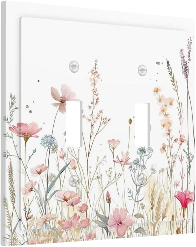 Watercolor Wildflower Pink Flower Plant Floral Decorative Switch Plates 2 Gang Double Toggle Outlet Light Switch Cover Wall Plate Electrical Faceplate for Bedroom Living Room Decor