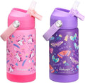 rockpapa 2 Pack Kids Insulated Water Bottle with Straw, BPA-Free, Stainless Steel, Leak Proof 14OZ Metal Cup Water Bottle for School Boys Girls (Unicorn+Butterfly)
