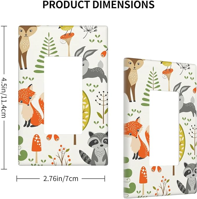 Woodland Animals 1-Gang Rocker Wall Plate, Forest Mushroom Switch Plate for Nursery, Kids Room, Playroom & Cabin