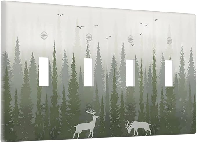Green Pine Tree Deer Country forest Bird Nature Mist Light Switch Covers Quad Toggle 4 Gang Wall Plate Decorative Switch Plates Electrical Faceplate for Bedroom Home Decor