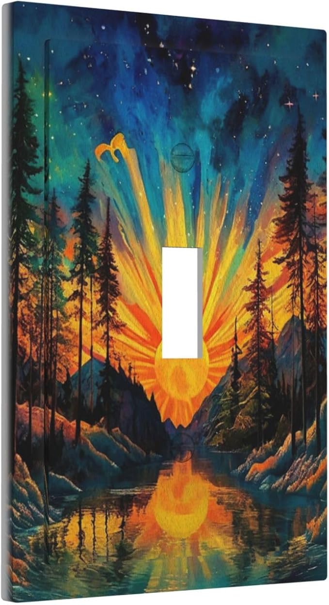 Light Switch Cover Plate Vintage Forest Sun Boho Mountain Starry Sky 1 Gang Single Toggle Decorative Switch Plates Wall Plates Electrical Faceplate for Bathroom Bedroom Decor