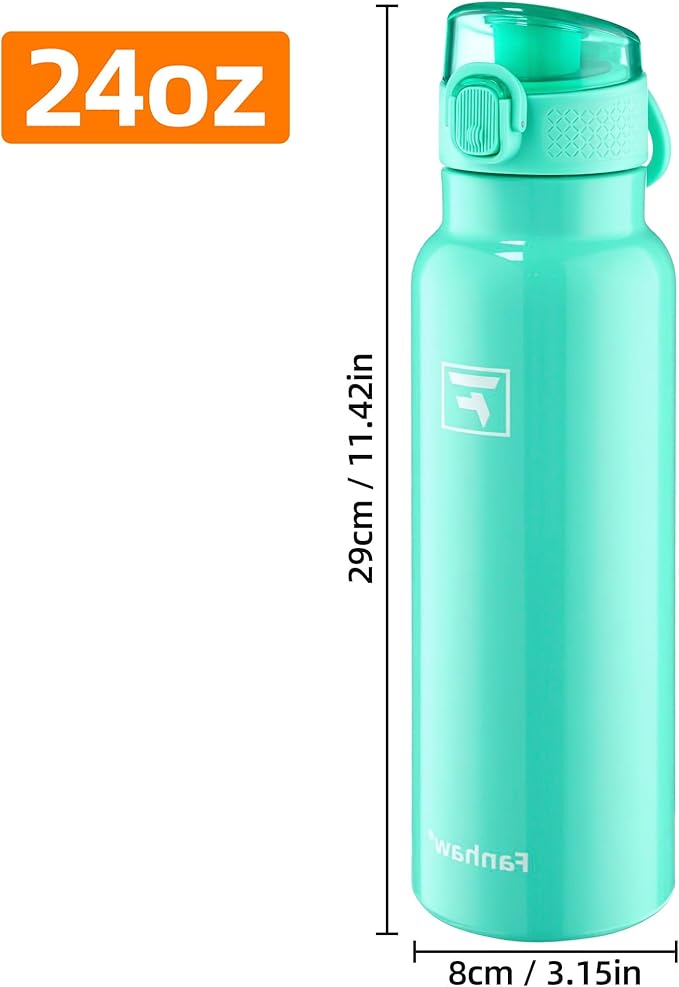 Fanhaw Daylite Series 24 oz Stainless Steel Insulated Water Bottle with Silicone Spout Lid, Double-Wall Vacuum Leakproof Metal Bottle, Anniversary Birthday Gift for Kids, Women & Men (Bianchi Green)
