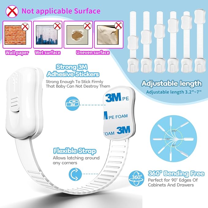 16-Pack Cabinet Locks Baby Proofing - Syican Child Proof Drawer Locks, Multi-Purpose for Drawers, Fridge, Toilet Seat, Trash Can, Ideal Stocking Stuffers, White