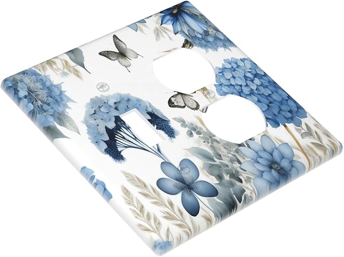 Blue Floral Hydrangea Floral Butterfly Flower Plant Wallplates 1 Toggle 1 Duplex Switch Plate Electrical GFCI Faceplate Decorative Light Switch Covers for Bedroom Living Room Decor