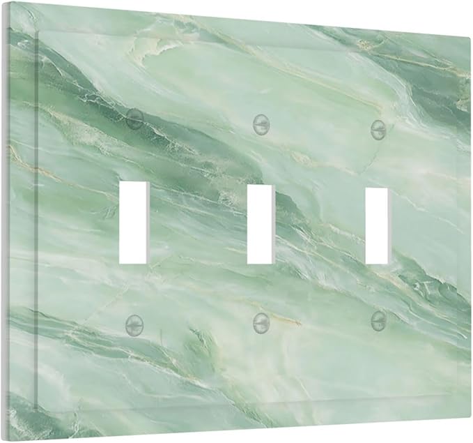 Decorative Light Switch Cover Plate Green Marble Pattern 3 Gang Wall Plate Triple Toggle Switch Plate Covers Electrical Outlet Cover for Home Bedroom Decor
