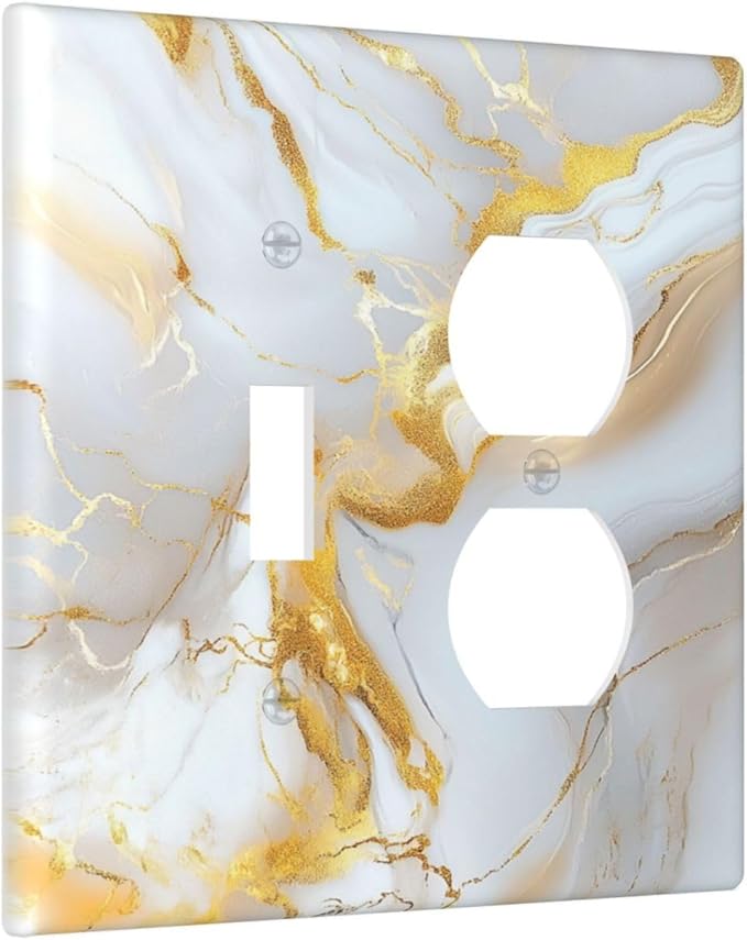 Decorative Switch Cover Plate Abstract Gold Marble Design with White & Gold Toggle Duplex Wall Plate 2 Gang Light Switch Cover Outlet Covers for Modern Luxurious Decor